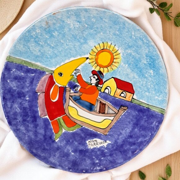 Nino Parrucca Pottery Modernist Plate 10.5" Made in Italy #214 Fisherman - Picture 2 of 9